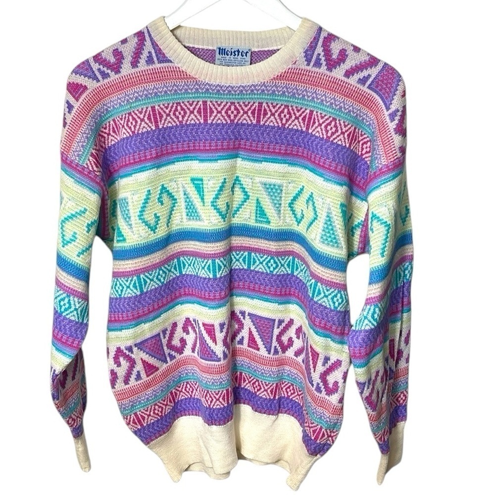 NWOT Vintage Meister Patterned Stripe Ski Sweater Crew Neck SZ M Cream Pink